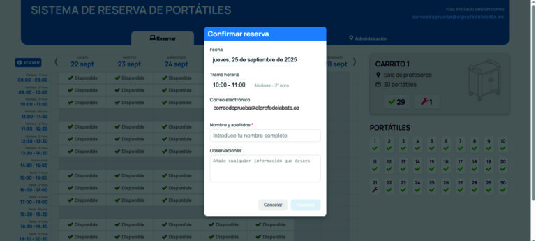 Reserva de carrito de portátiles (II)