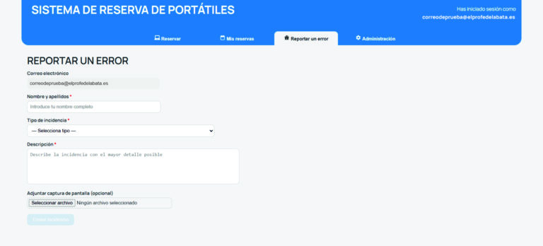 Pantalla "Reportar un error"