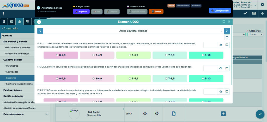 Interfaz básica de AutoNotas Séneca en la pantalla Cuaderno de clase.