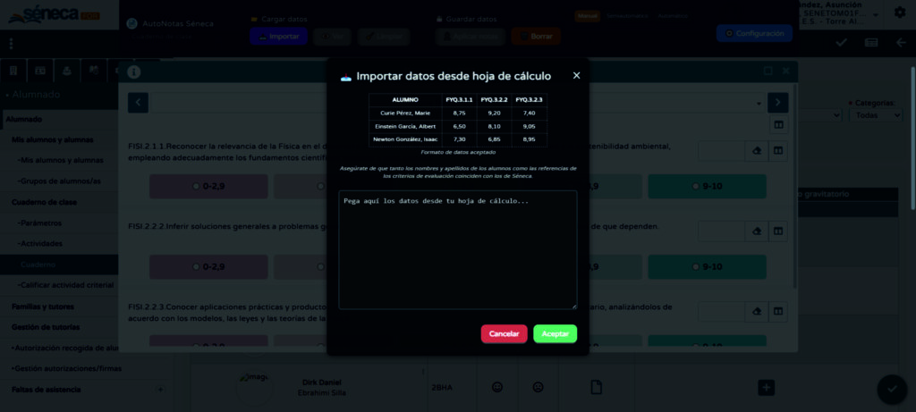 Pantalla de Importación de calificaciones.