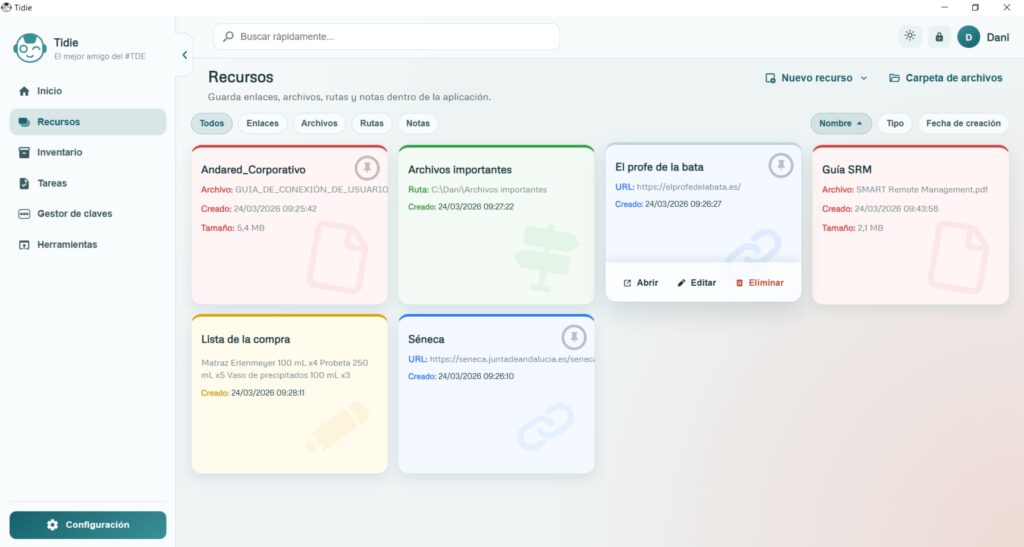 En la pantalla de recursos se pueden añadir archivos, enlaces, rutas o notas.