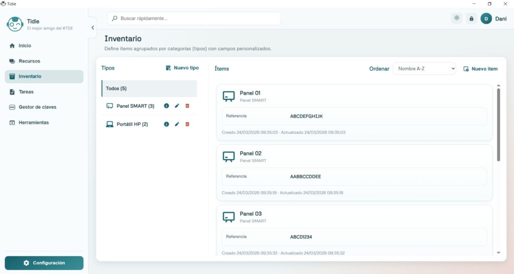 Desde la pantalla de inventario se gestionan los recursos físicos disponibles.