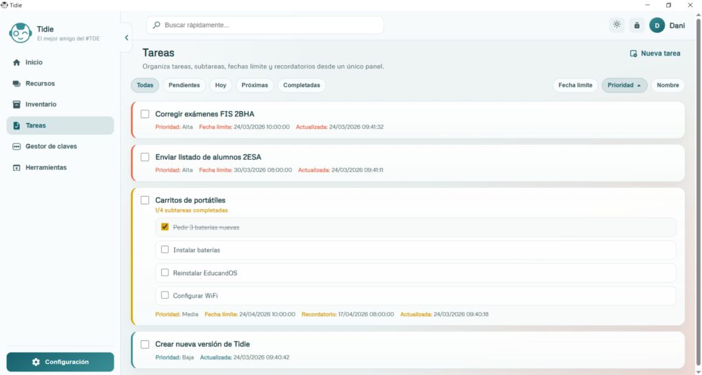 Mediante la pantalla de tareas es posible hacer un seguimiento de cosas pendientes