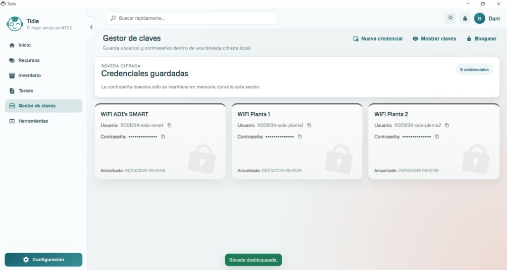 En la bóveda de claves es posible almacenar de manera cifrada usuarios y contraseñas.