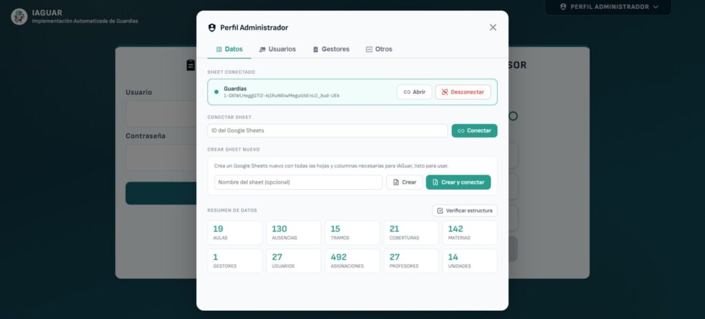 Perfil administrador. Desde aquí se gestiona la conexión con el Google Sheets, los usuarios/gestores y más configuraciones.