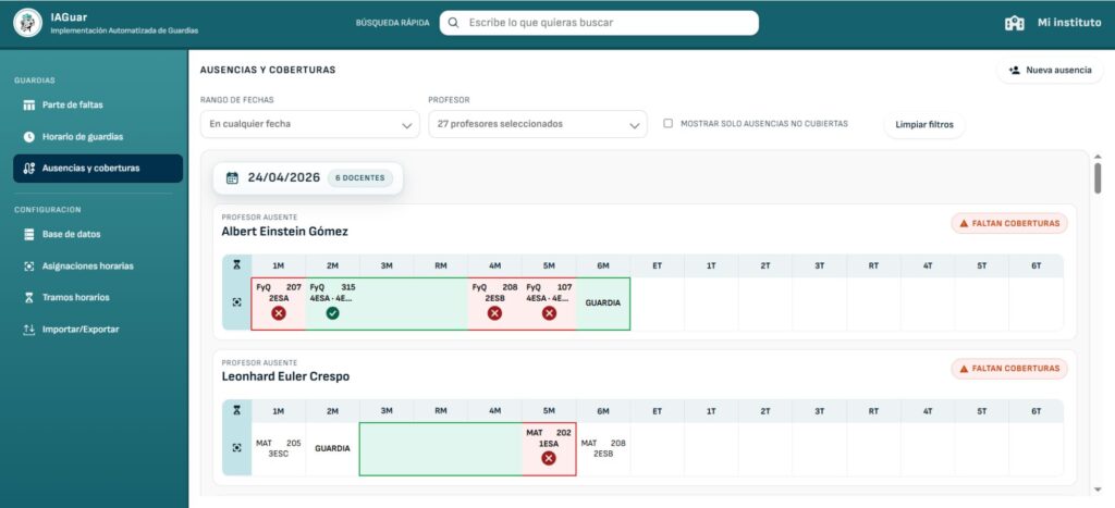 Perfil gestor. Vista de ausencias y coberturas ordenadas por fechas.