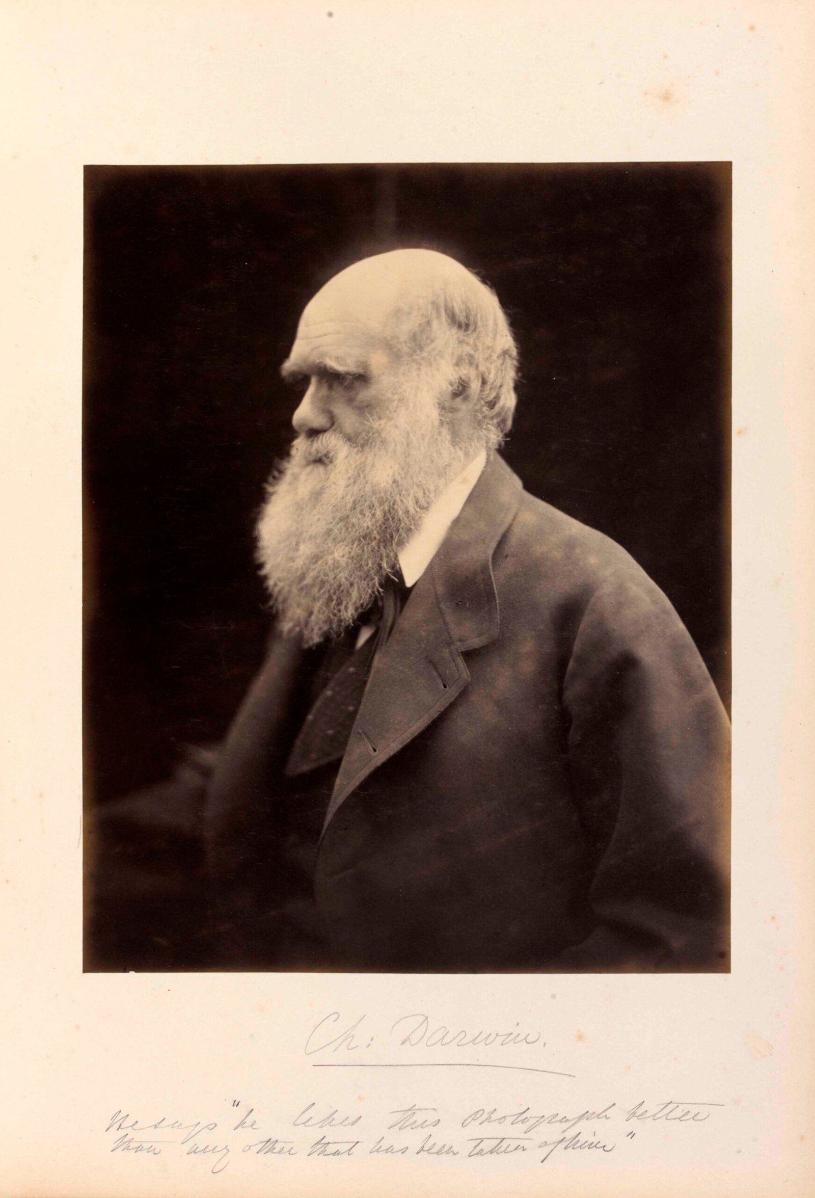 Retrato fotográfico en sepia de Charles Darwin de perfil, vuelto hacia la izquierda, con barba blanca larga y abrigo oscuro, montado sobre una página de álbum con anotaciones manuscritas bajo la imagen.